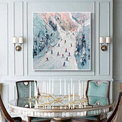 Slope Life hand-painted white, soft grey and slate blue textured skiing mountain painting shown with black frame