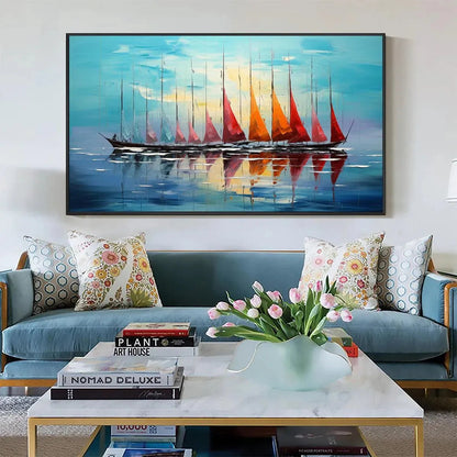 Sailing Into Sunset hand-painted ocean blue, ivory and soft neutral tones textured sailboat seascape painting shown with black frame