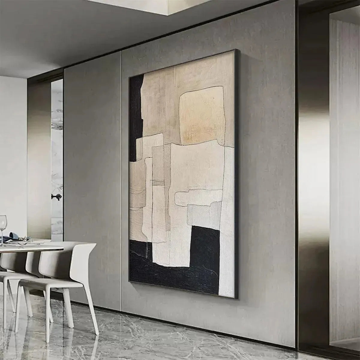 Black and Beige Wabi-Sabi Neutral Abstract Oil Painting – Neutral Abstract