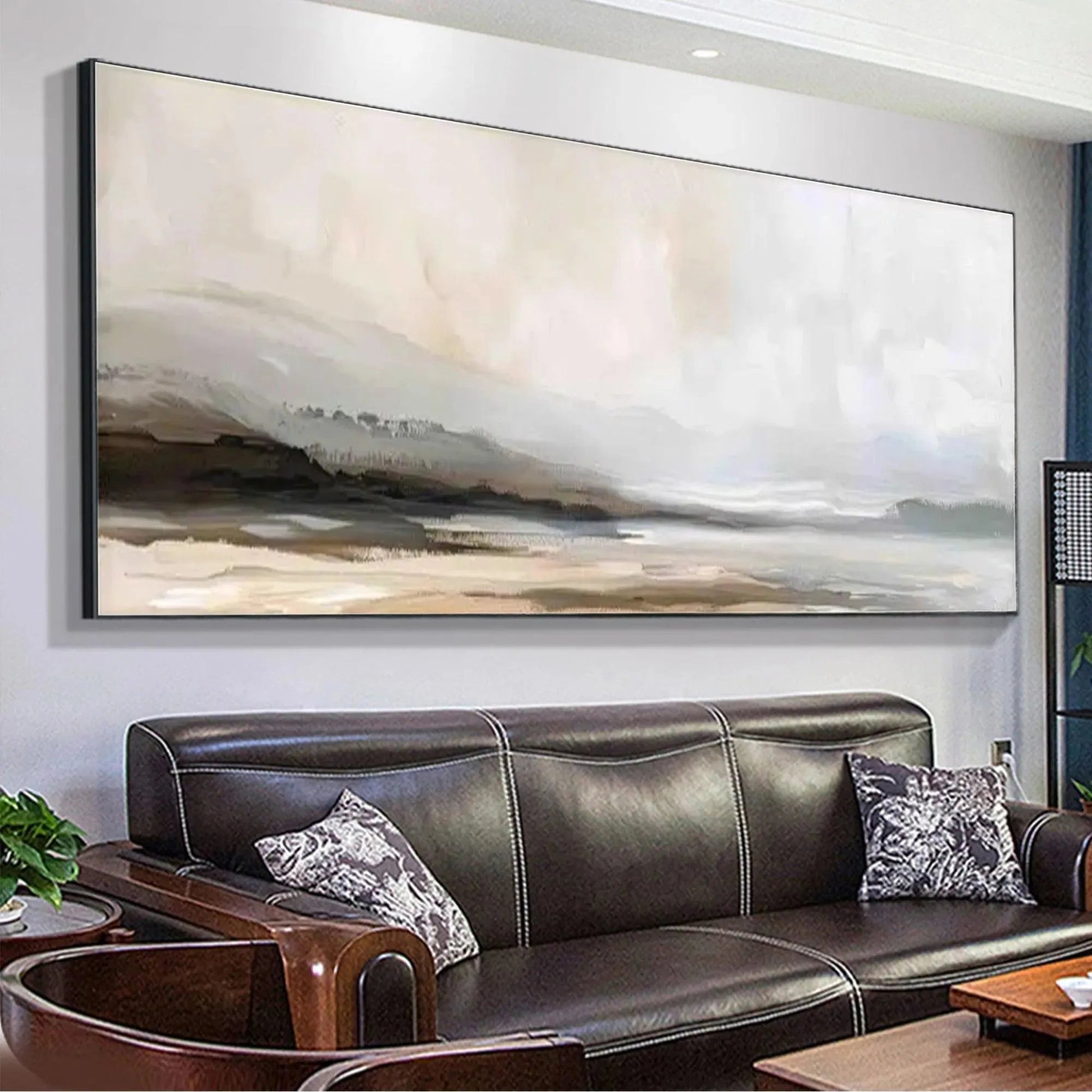 Misty Mountain Lake hand-painted ocean blue, ivory and soft neutral tones textured coastal landscape painting shown with white frame