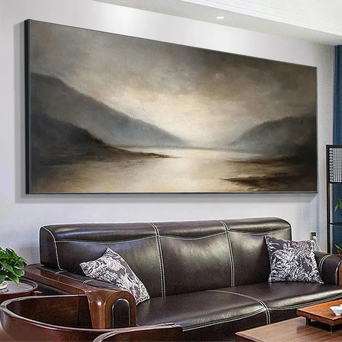 Misty Morning Serenity hand-painted ocean blue, ivory and soft neutral tones textured coastal landscape painting shown with white frame