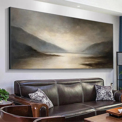 Misty Morning Serenity hand-painted ocean blue, ivory and soft neutral tones textured coastal landscape painting shown with white frame