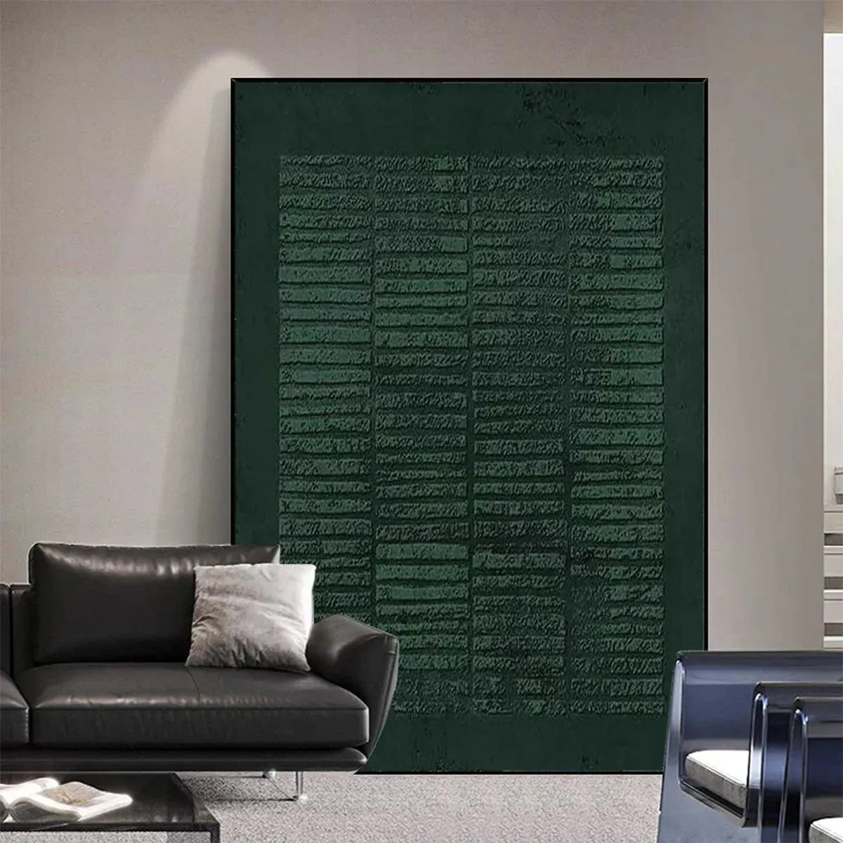 Green Wabi-Sabi Abstract Textured Oil Painting – Dark Green Textured Grid