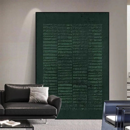 Green Wabi-Sabi Abstract Textured Oil Painting – Dark Green Textured Grid