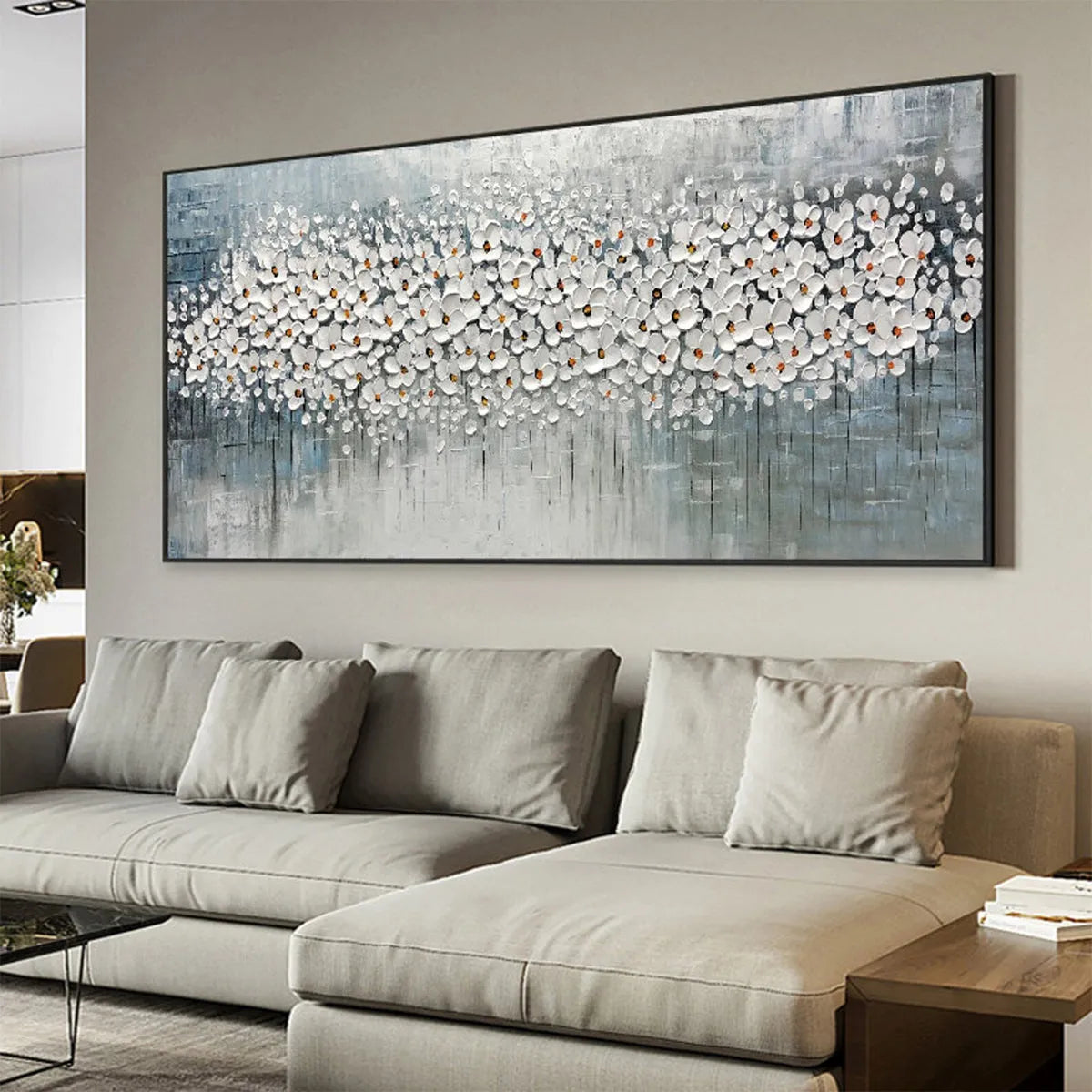 Blue and Grey Floral Impasto Oil Painting – Winter Blossom