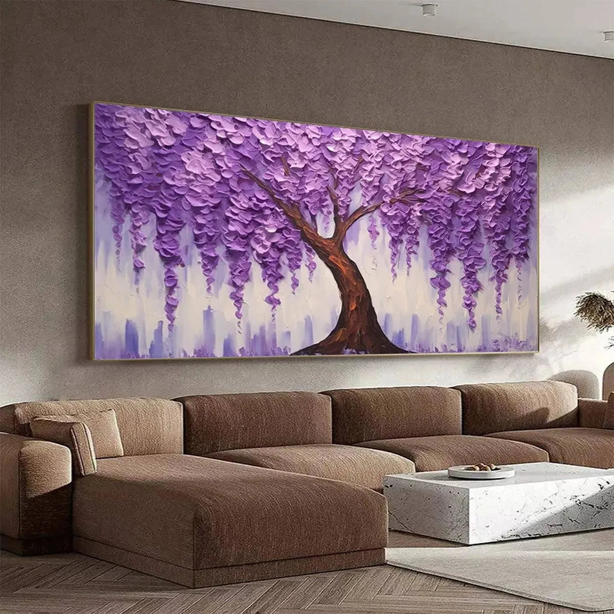 Purple Wisteria hand-painted violet and ivory textured blossom tree painting shown with black frame