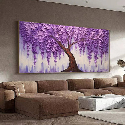Purple Wisteria hand-painted violet and ivory textured blossom tree painting shown with black frame