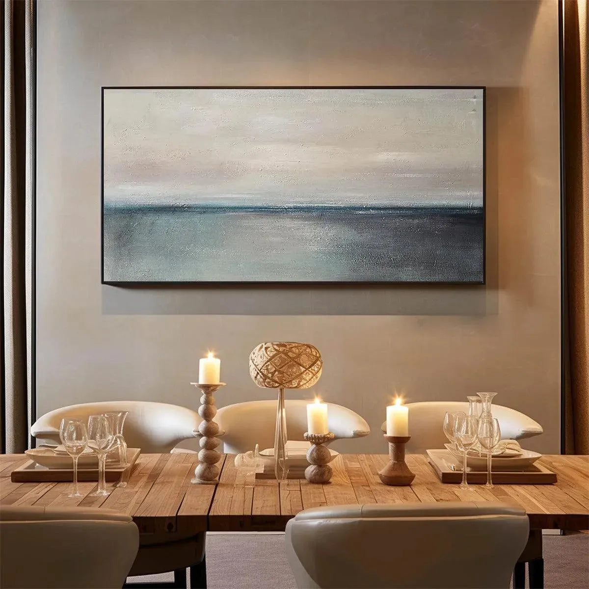 Serene Horizon hand-painted ocean blue, ivory and soft neutral tones textured coastal abstract painting rolled canvas option
