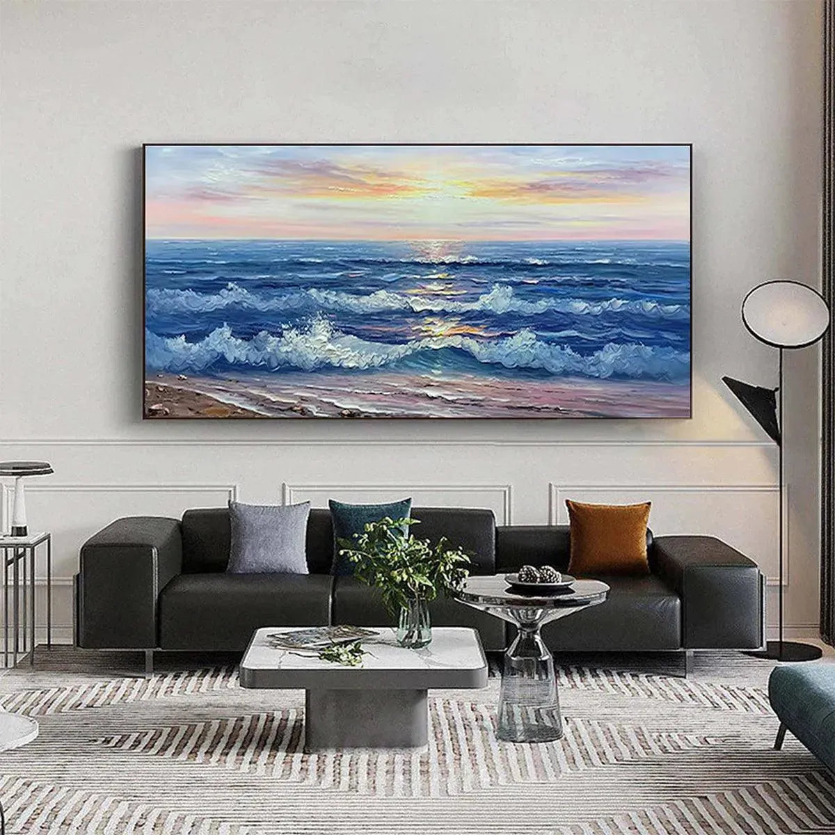 Golden Sunset Serenade hand-painted gold and ivory textured sunset seascape painting rolled canvas option