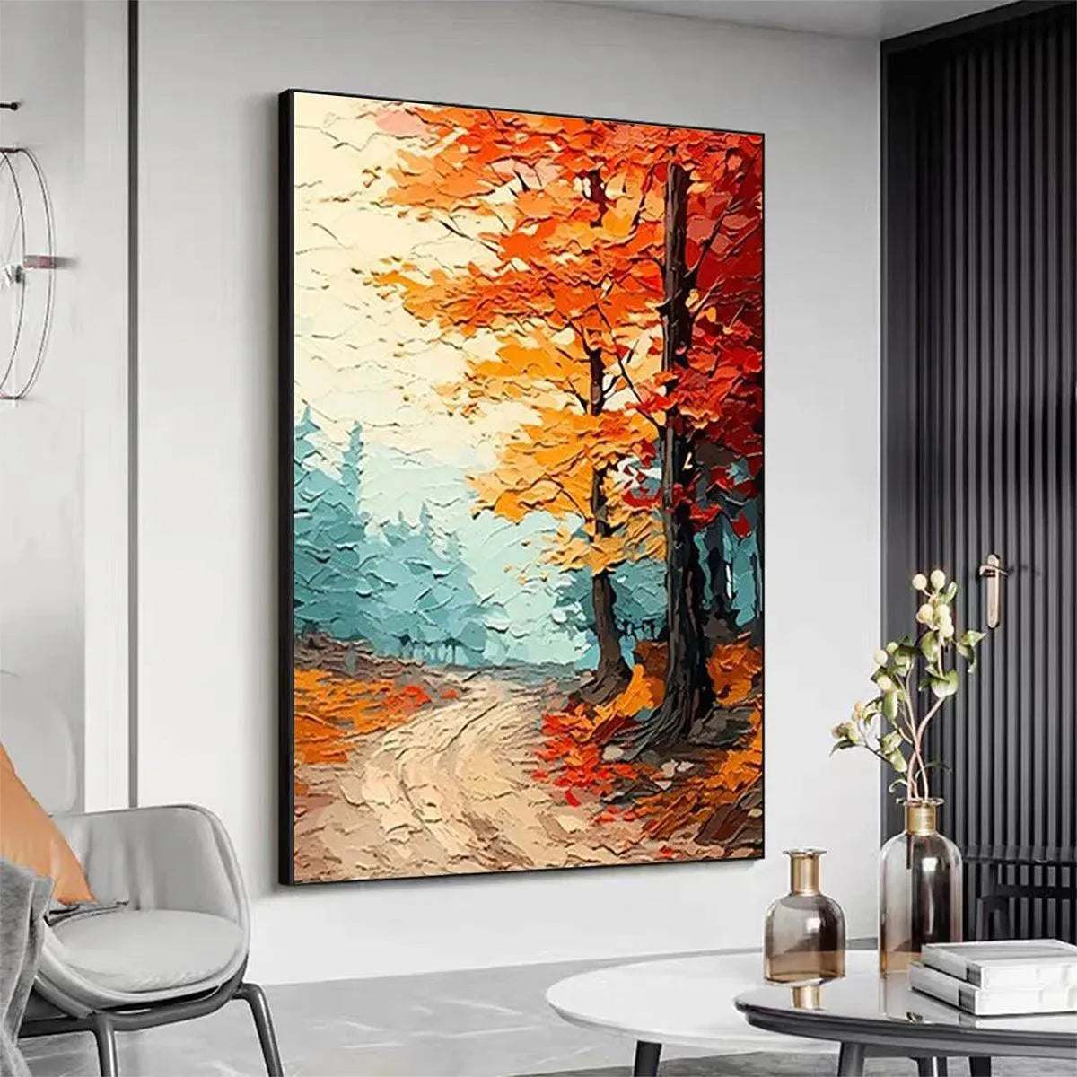 Autumn Path hand-painted ocean blue, orange and red textured forest path painting shown with black frame