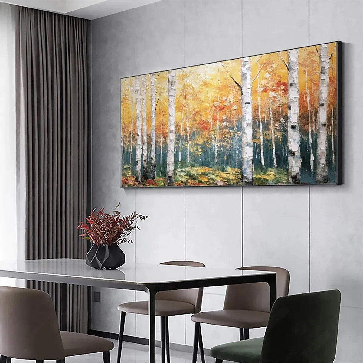 Golden Birch Grove hand-painted white, gold and yellow textured forest landscape painting shown with black frame