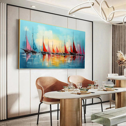Regatta At Dawn hand-painted ocean blue, ivory and soft neutral tones textured sailboat seascape painting shown as stretched canvas