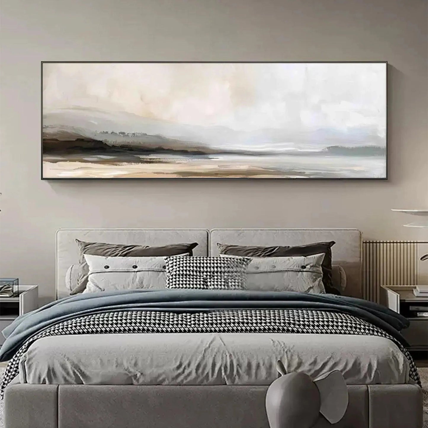 Misty Mountain Lake hand-painted ocean blue, ivory and soft neutral tones textured coastal landscape painting shown as stretched canvas
