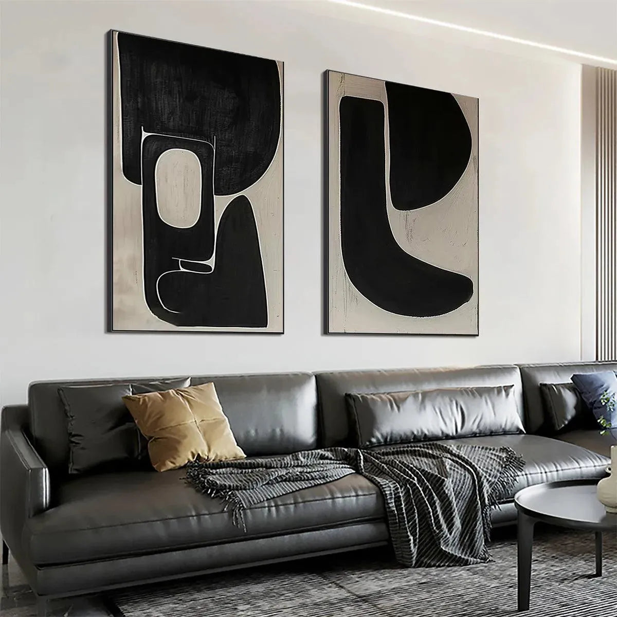 Black and Beige Wabi-Sabi Geometric Textured Oil Painting – Black & Beige Abstract Diptych II