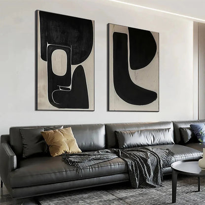 Black and Beige Wabi-Sabi Geometric Textured Oil Painting – Black & Beige Abstract Diptych II