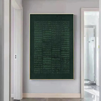 Green Wabi-Sabi Abstract Textured Oil Painting – Dark Green Textured Grid