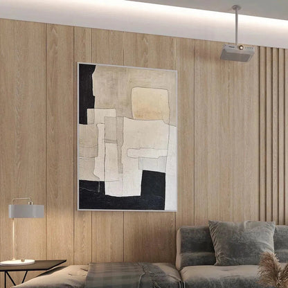Black and Beige Wabi-Sabi Neutral Abstract Oil Painting – Neutral Abstract