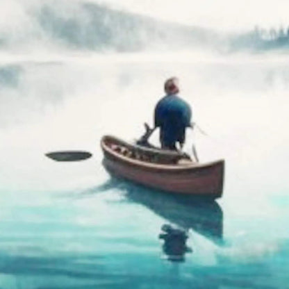 Solitude's Embrace hand-painted slate blue, ivory and soft grey textured mountain lake painting shown with white frame