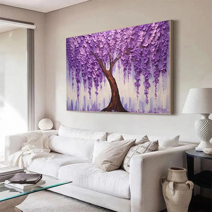 Purple Wisteria hand-painted violet and ivory textured blossom tree painting shown with wood frame