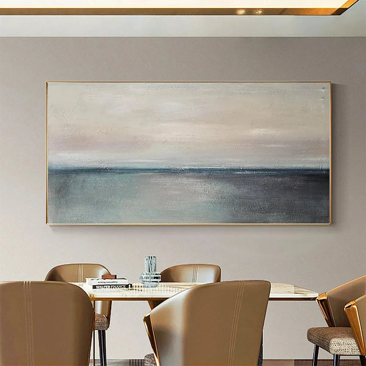 Serene Horizon hand-painted ocean blue, ivory and soft neutral tones textured coastal abstract painting shown as stretched canvas