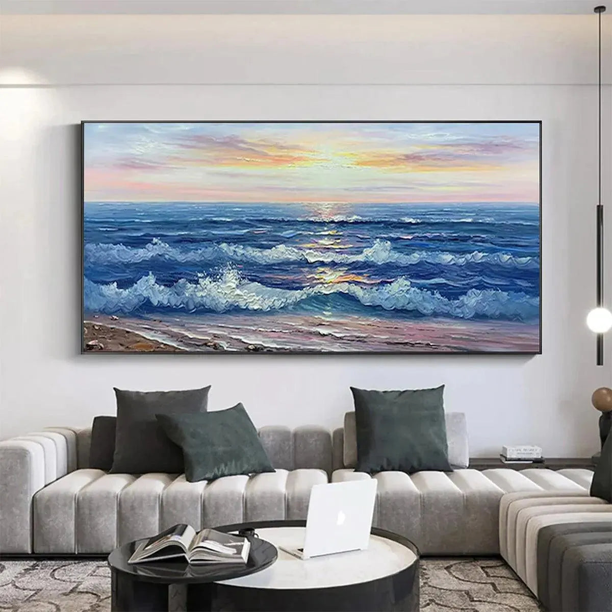 Golden Sunset Serenade hand-painted gold and ivory textured sunset seascape painting shown as stretched canvas