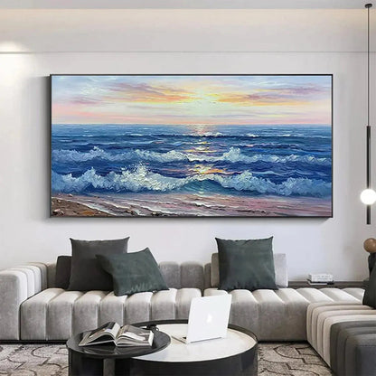 Golden Sunset Serenade hand-painted gold and ivory textured sunset seascape painting shown as stretched canvas