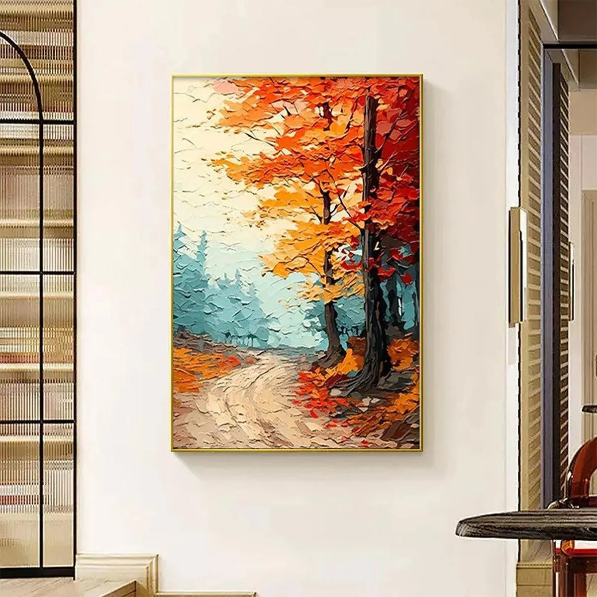 Autumn Path hand-painted ocean blue, orange and red textured forest path painting shown with wood frame