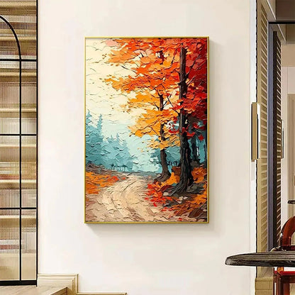 Autumn Path hand-painted ocean blue, orange and red textured forest path painting shown with wood frame