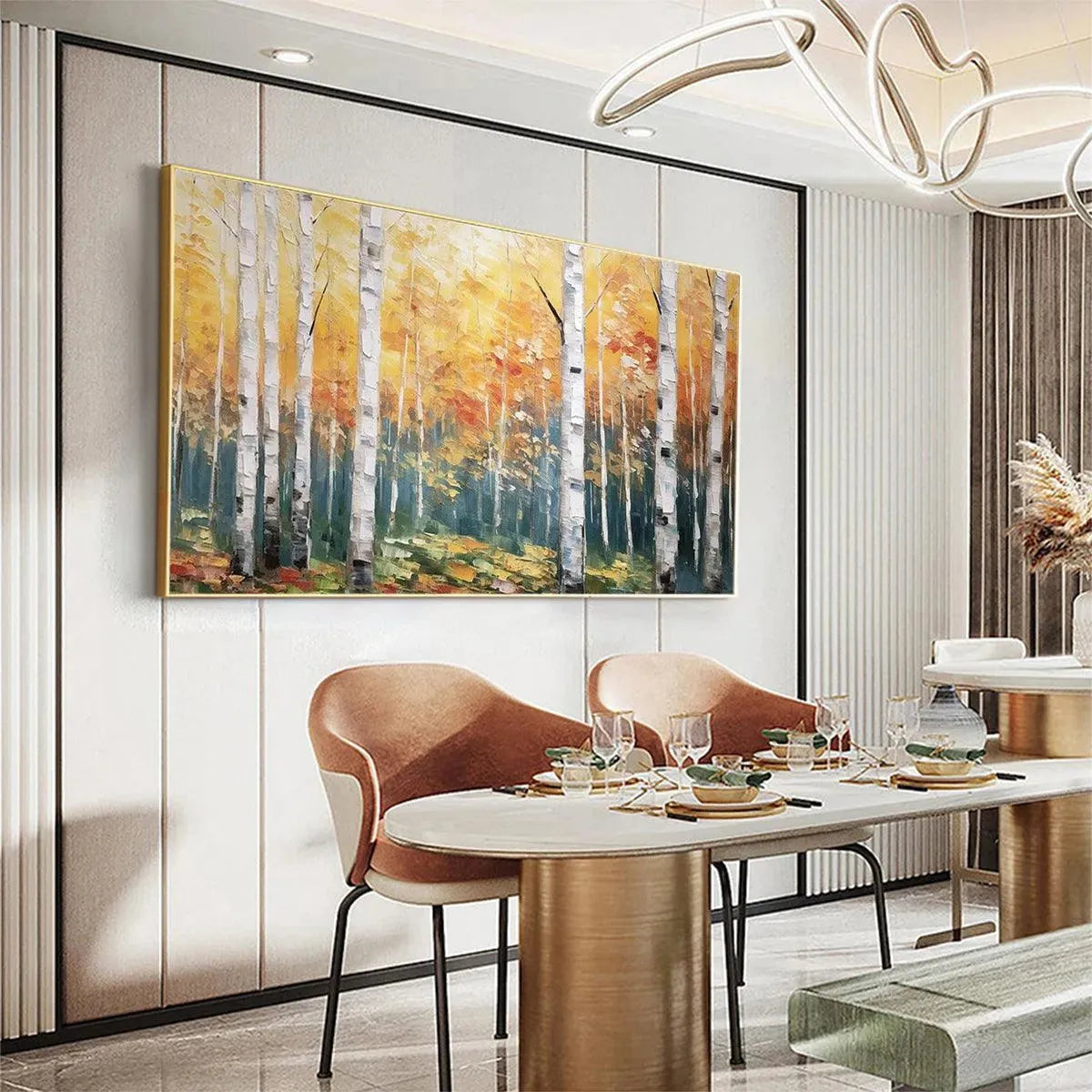 Golden Birch Grove hand-painted white, gold and yellow textured forest landscape painting rolled canvas option
