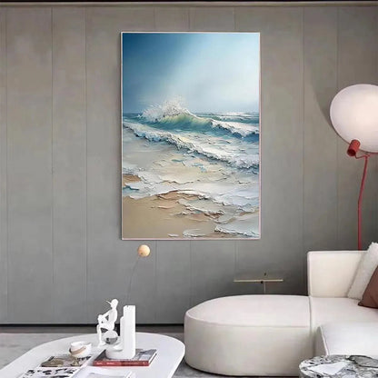 Ocean's Embrace hand-painted ocean blue, ivory and soft neutral tones textured ocean wave painting shown as stretched canvas