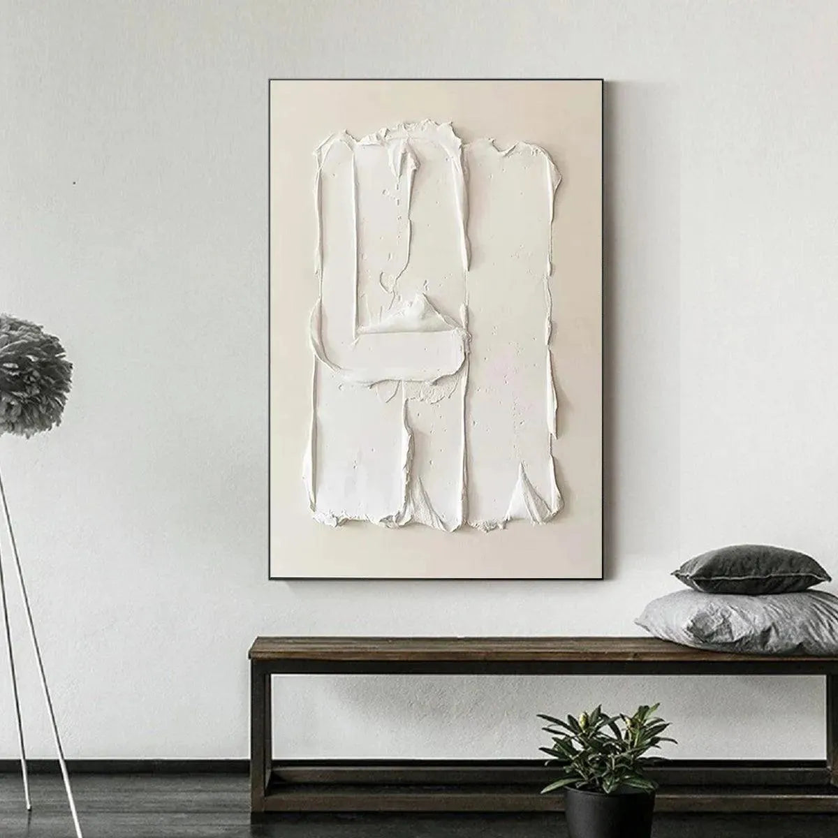 White Wabi-Sabi Landscape Textured Oil Painting – White Textured Relief