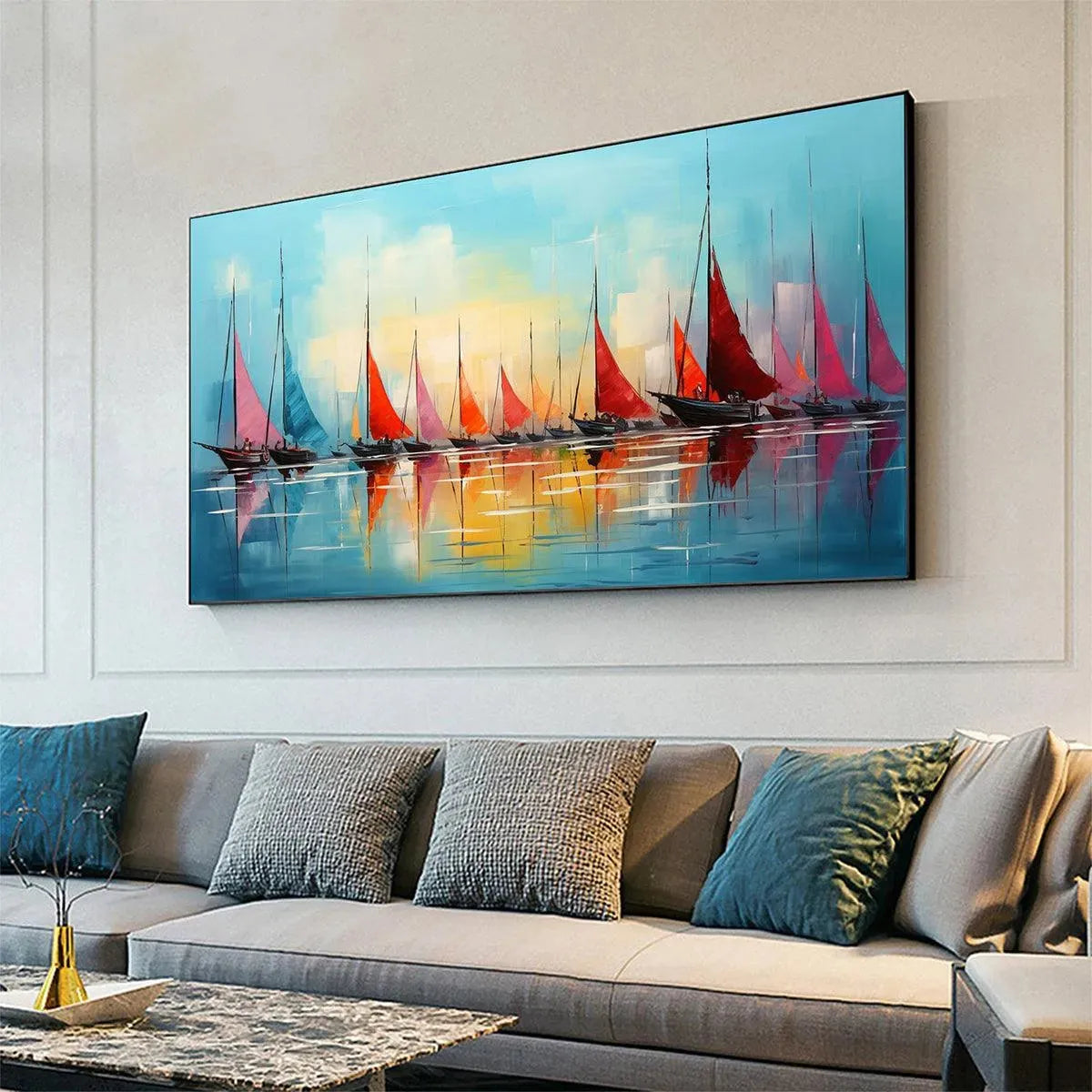 Regatta At Dawn hand-painted ocean blue, ivory and soft neutral tones textured sailboat seascape painting shown with white frame