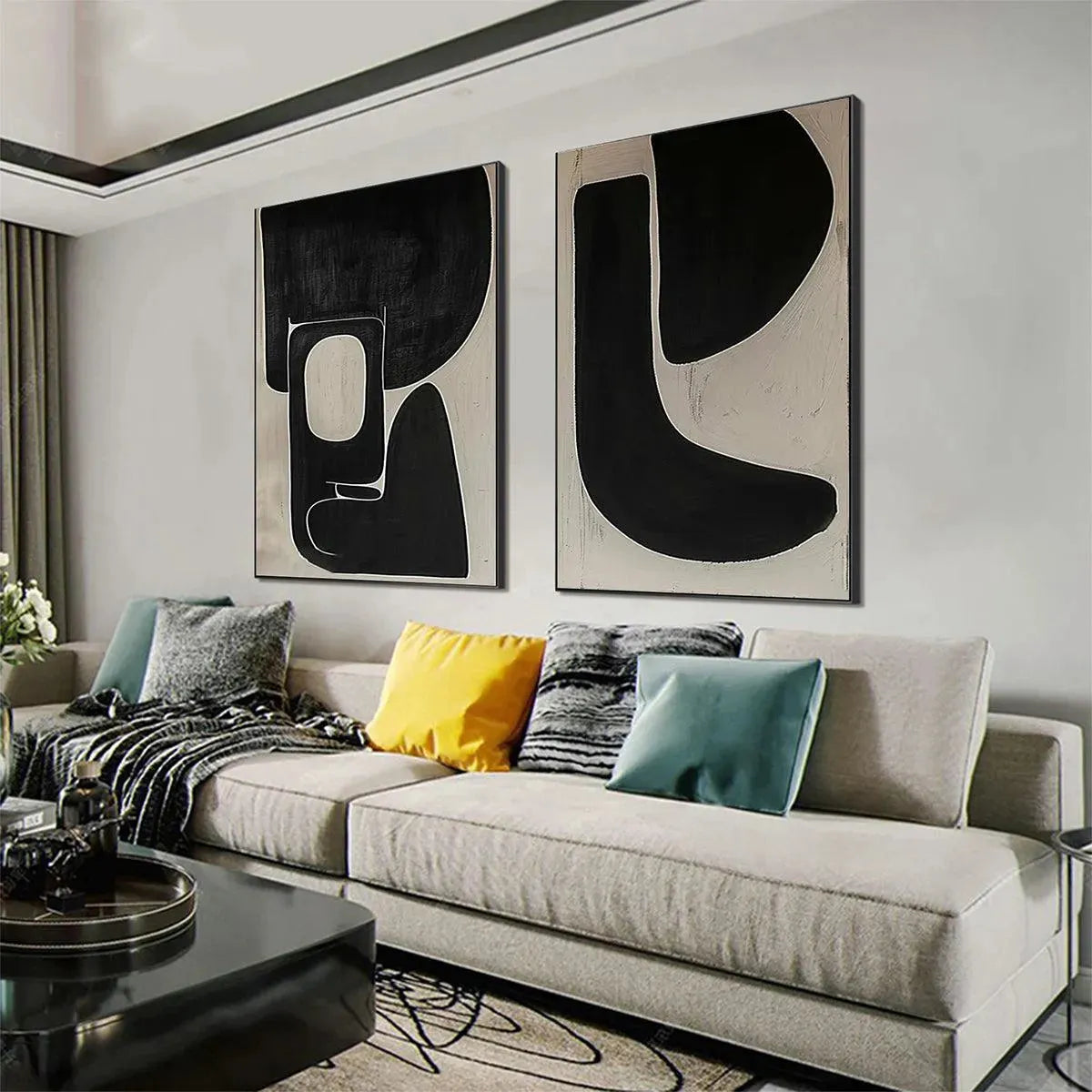 Black & Beige Abstract Diptych Ii – Wabi-Sabi Geometric Oil Painting, view 4