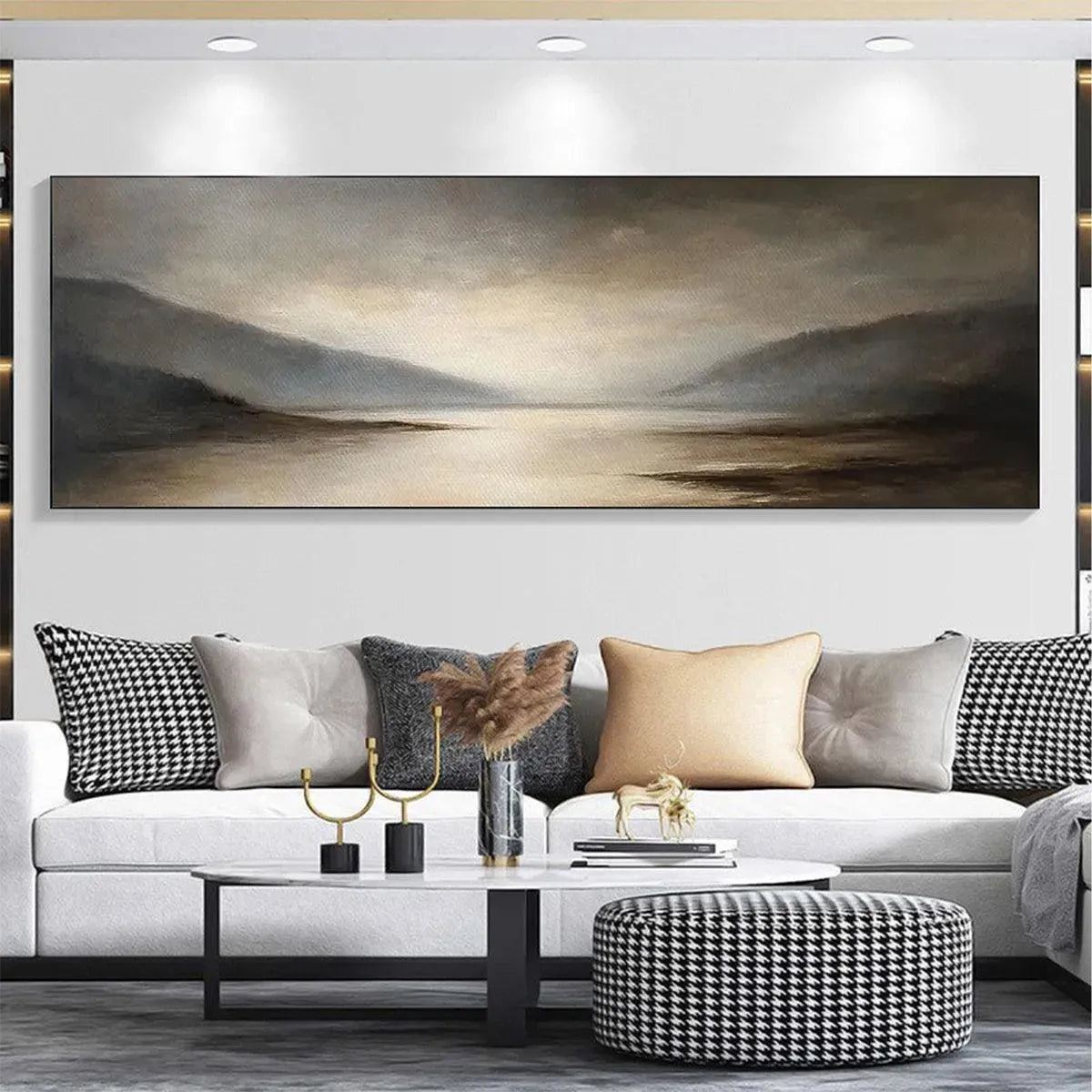 Misty Morning Serenity hand-painted ocean blue, ivory and soft neutral tones textured coastal landscape painting rolled canvas option