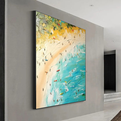 Seaside Reverie hand-painted sand and ivory textured beach scene painting shown with silver frame
