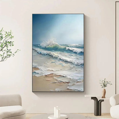 Ocean's Embrace hand-painted ocean blue, ivory and soft neutral tones textured ocean wave painting shown with gold frame
