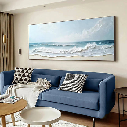 Ocean Waves hand-painted ocean blue, ivory and soft neutral tones textured seascape painting shown with wood frame