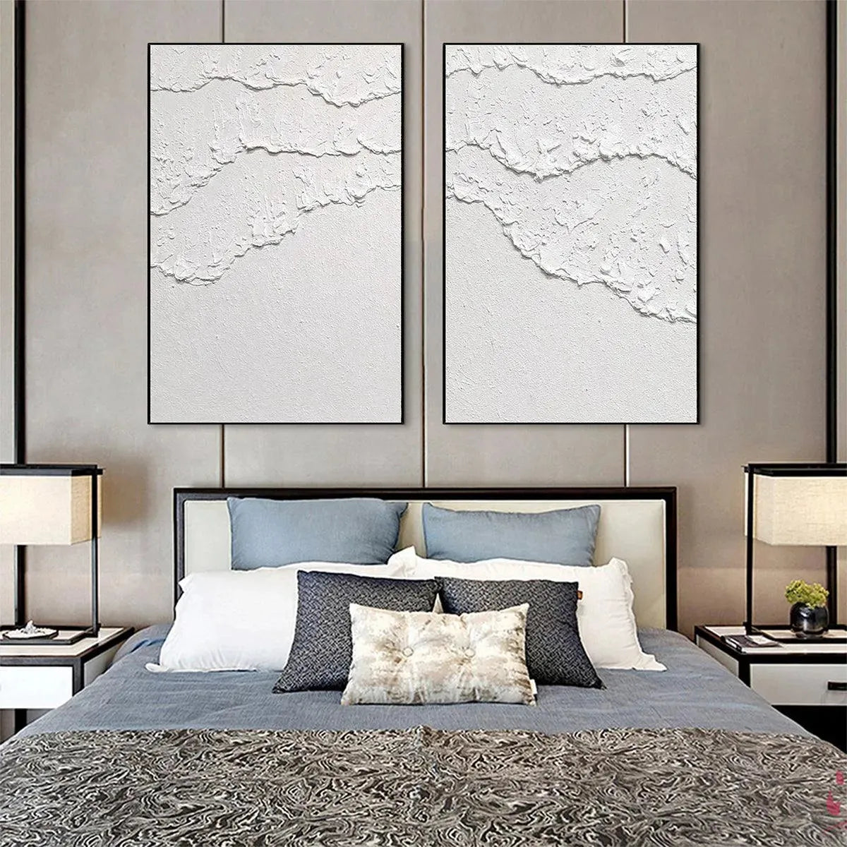 White Wabi-Sabi Seascape Impasto Oil Painting – White Textured Waves Diptych
