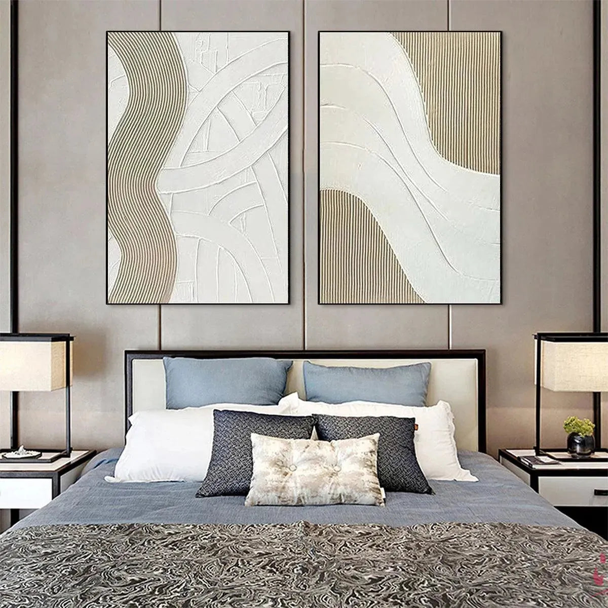 White Wabi-Sabi Abstract Textured Oil Painting – Textured White Lines Diptych