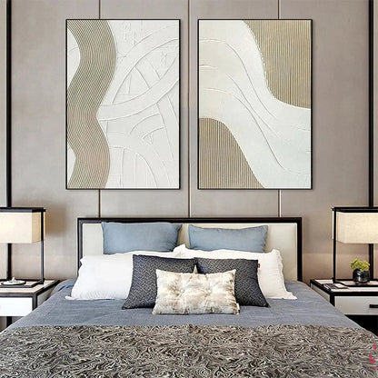 White Wabi-Sabi Abstract Textured Oil Painting – Textured White Lines Diptych