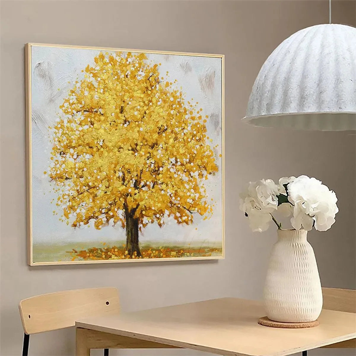Golden Majesty hand-painted gold and ivory textured tree painting shown with silver frame