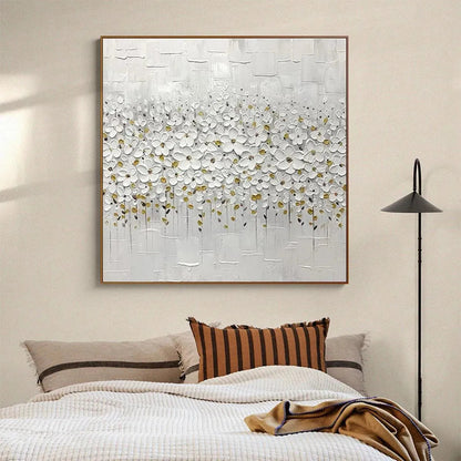 Gold and White Floral Textured Painting – White Blossom Field