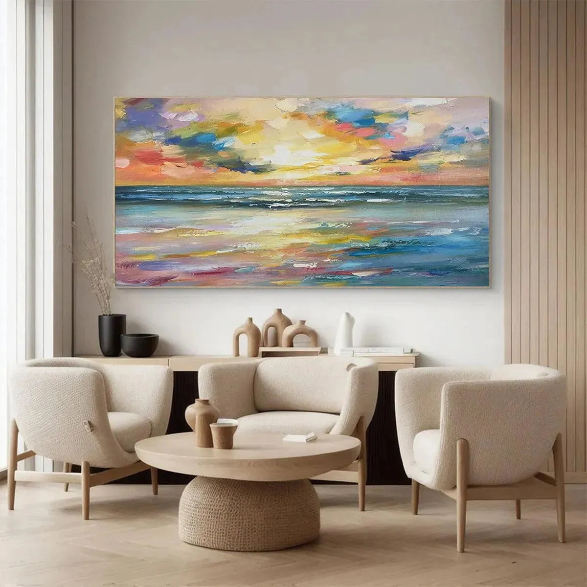 Seaside Sunset Serenade hand-painted ocean blue, ivory and soft neutral tones textured sunset seascape painting shown with white frame