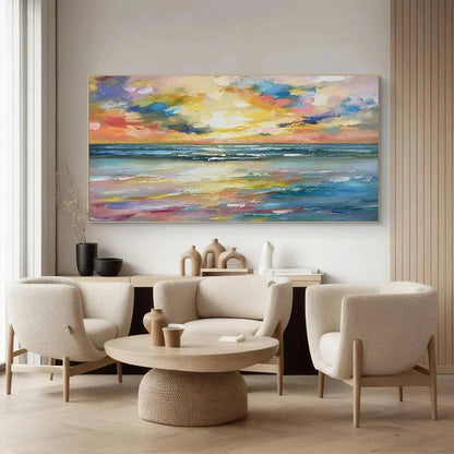 Seaside Sunset Serenade hand-painted ocean blue, ivory and soft neutral tones textured sunset seascape painting shown with white frame