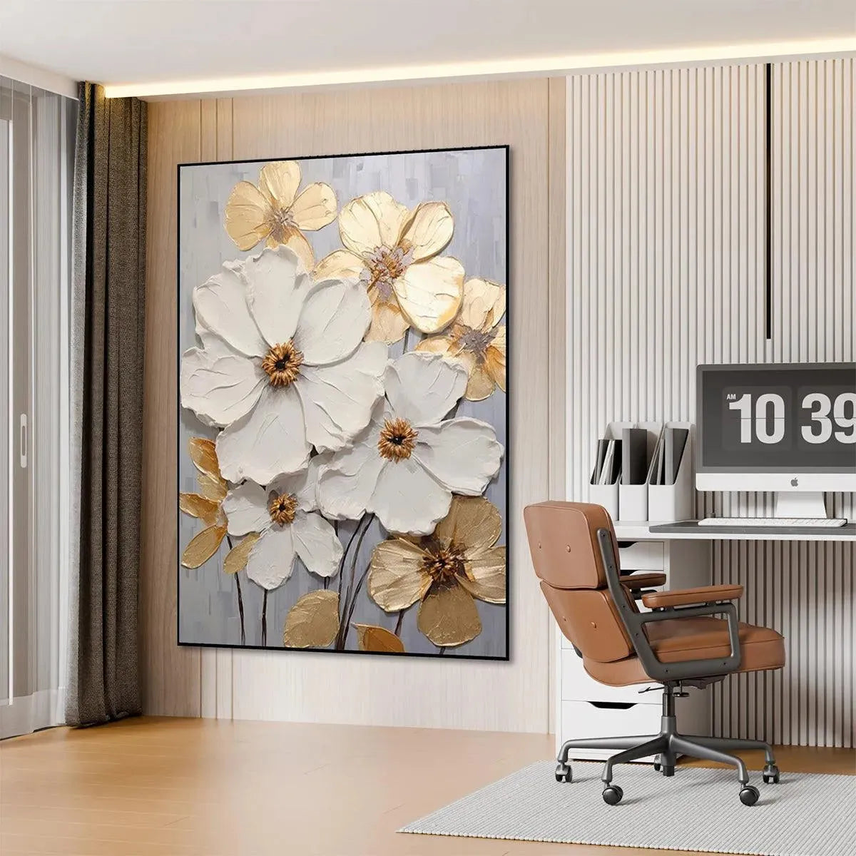 Gold and White Floral Impasto Painting – Golden Whispers