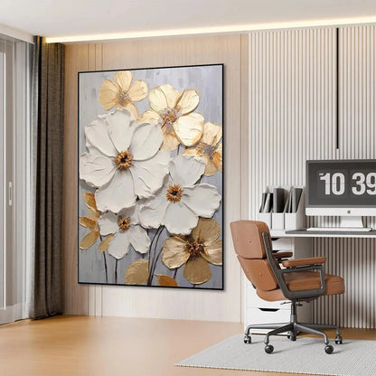 Gold and White Floral Impasto Painting – Golden Whispers