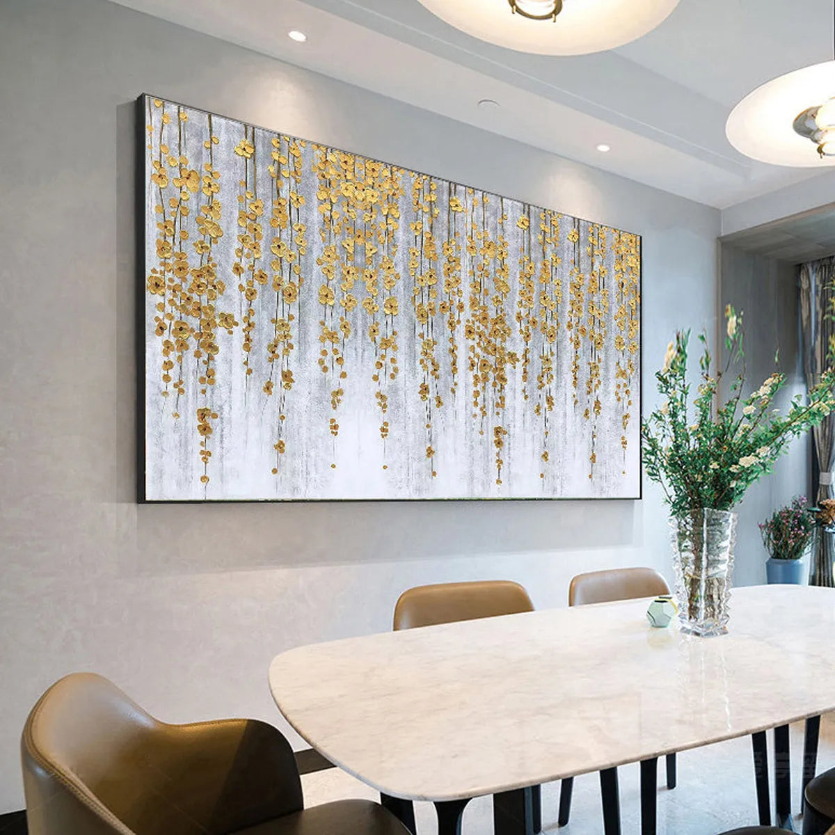 Gold and Grey Minimalist Floral Oil Painting – Golden Rain