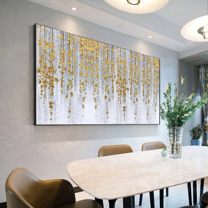 Gold and Grey Minimalist Floral Oil Painting – Golden Rain