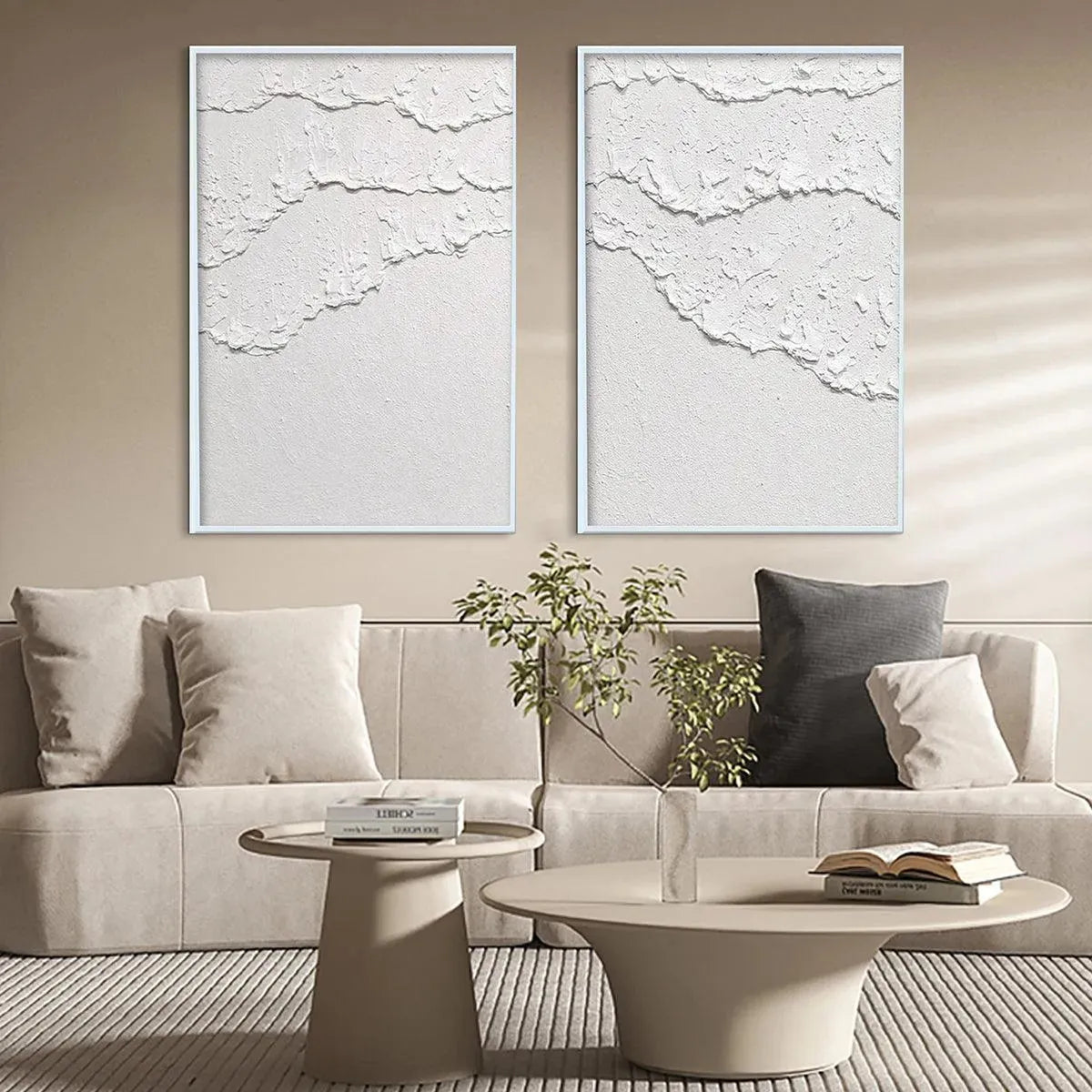 White Wabi-Sabi Seascape Impasto Oil Painting – White Textured Waves Diptych