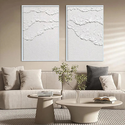 White Wabi-Sabi Seascape Impasto Oil Painting – White Textured Waves Diptych